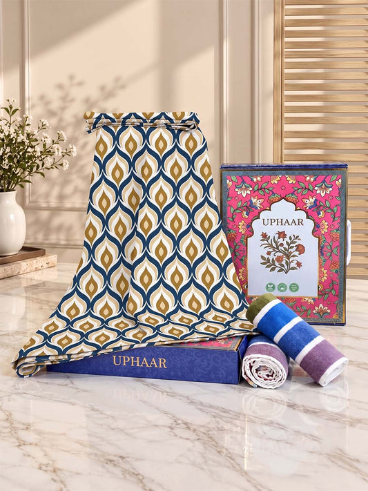 UPHAAR Pure Cotton Home Comfort Combo Set | Retro Geometric King Size Bedsheet with 2 Soft Hand Towels