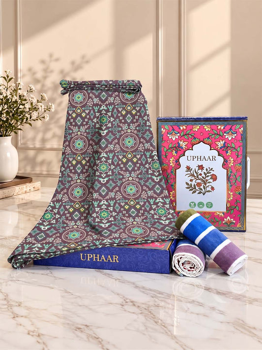 UPHAAR Pure Cotton Home Comfort Combo Set | Ethnic King Size Bedsheet with 2 Soft Hand Towels