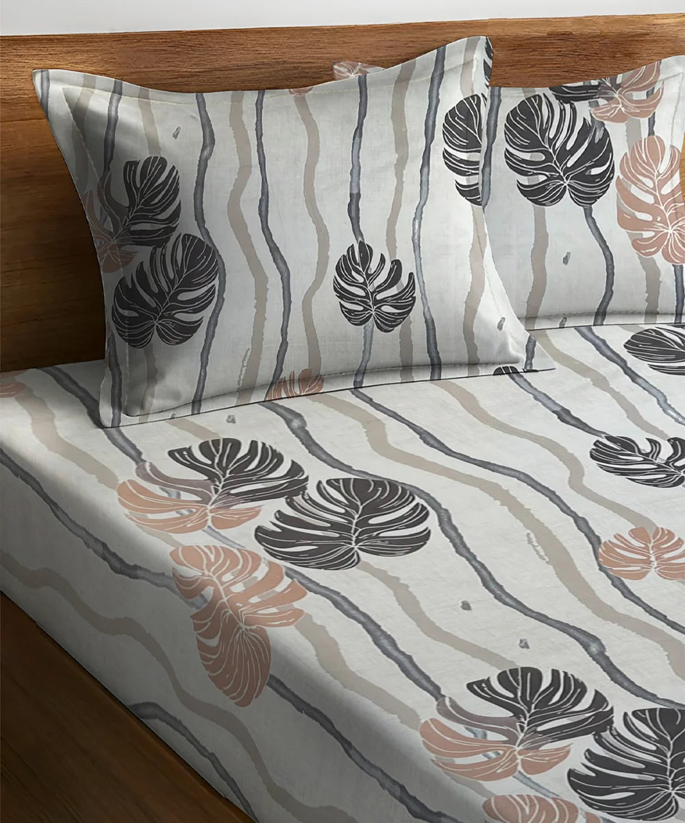 Mocha Palms Super King Fitted Bedsheet With 2 Pillow Covers
