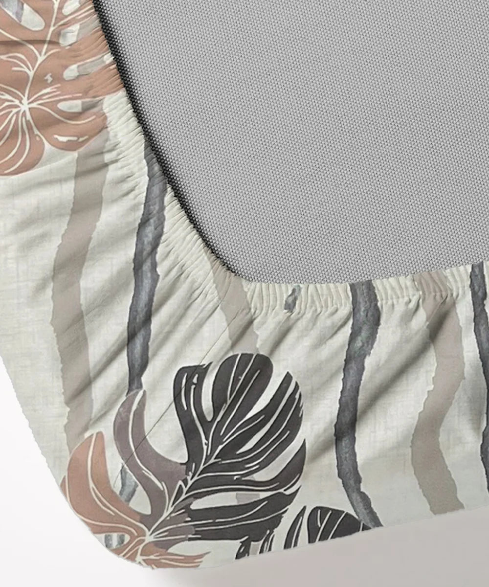 Mocha Palms Super King Fitted Bedsheet With 2 Pillow Covers