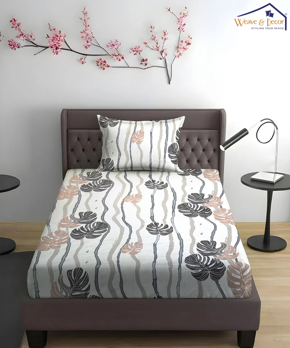 Mocha Palms Super King Fitted Bedsheet With 2 Pillow Covers