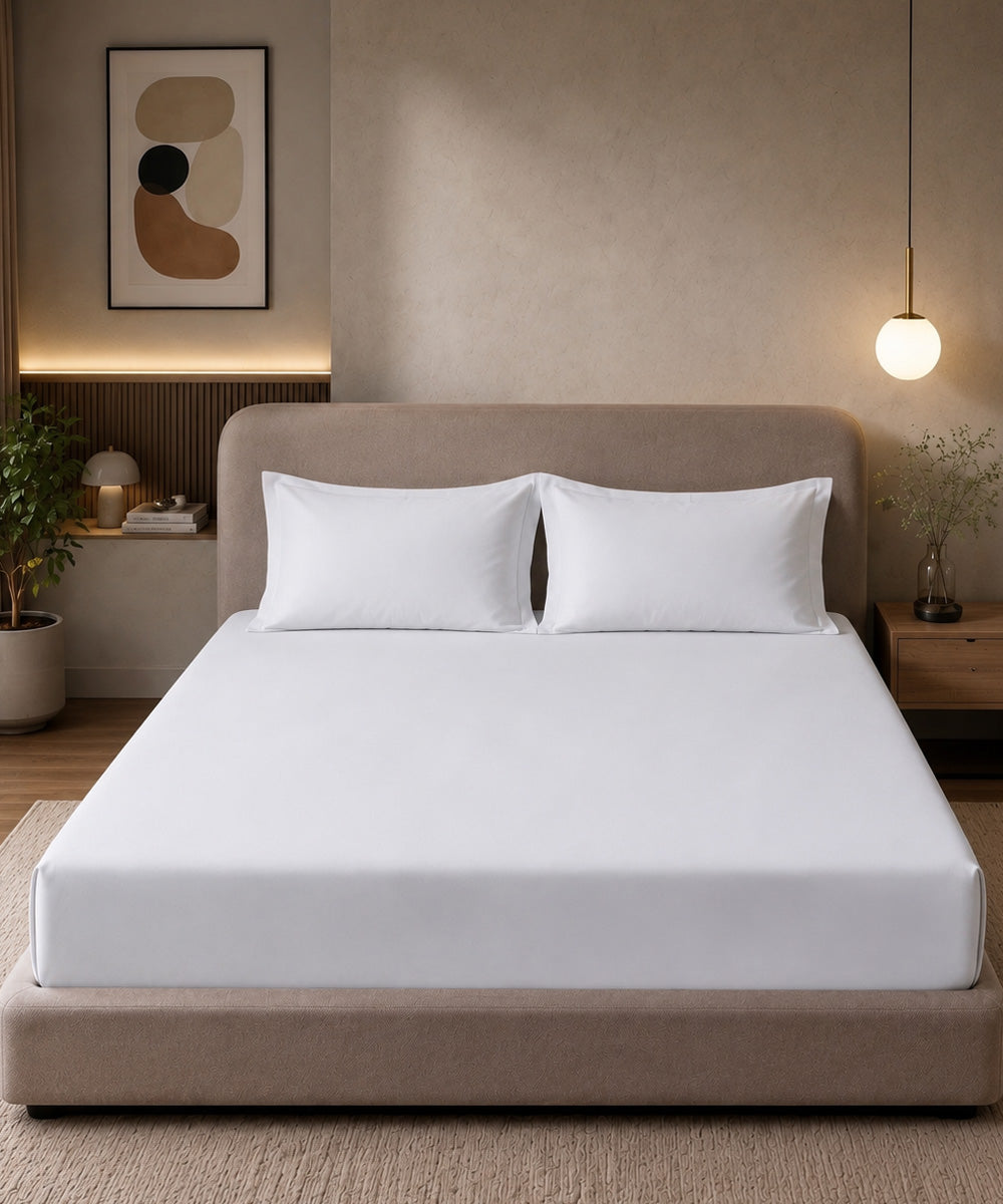 Pure White Solid Fitted Bedsheet With Pillow Cover