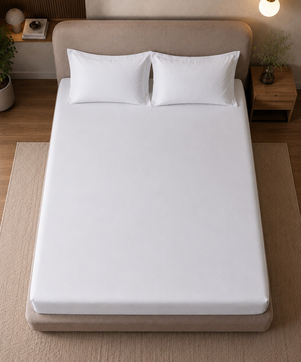 Pure White Solid Fitted Bedsheet With Pillow Cover