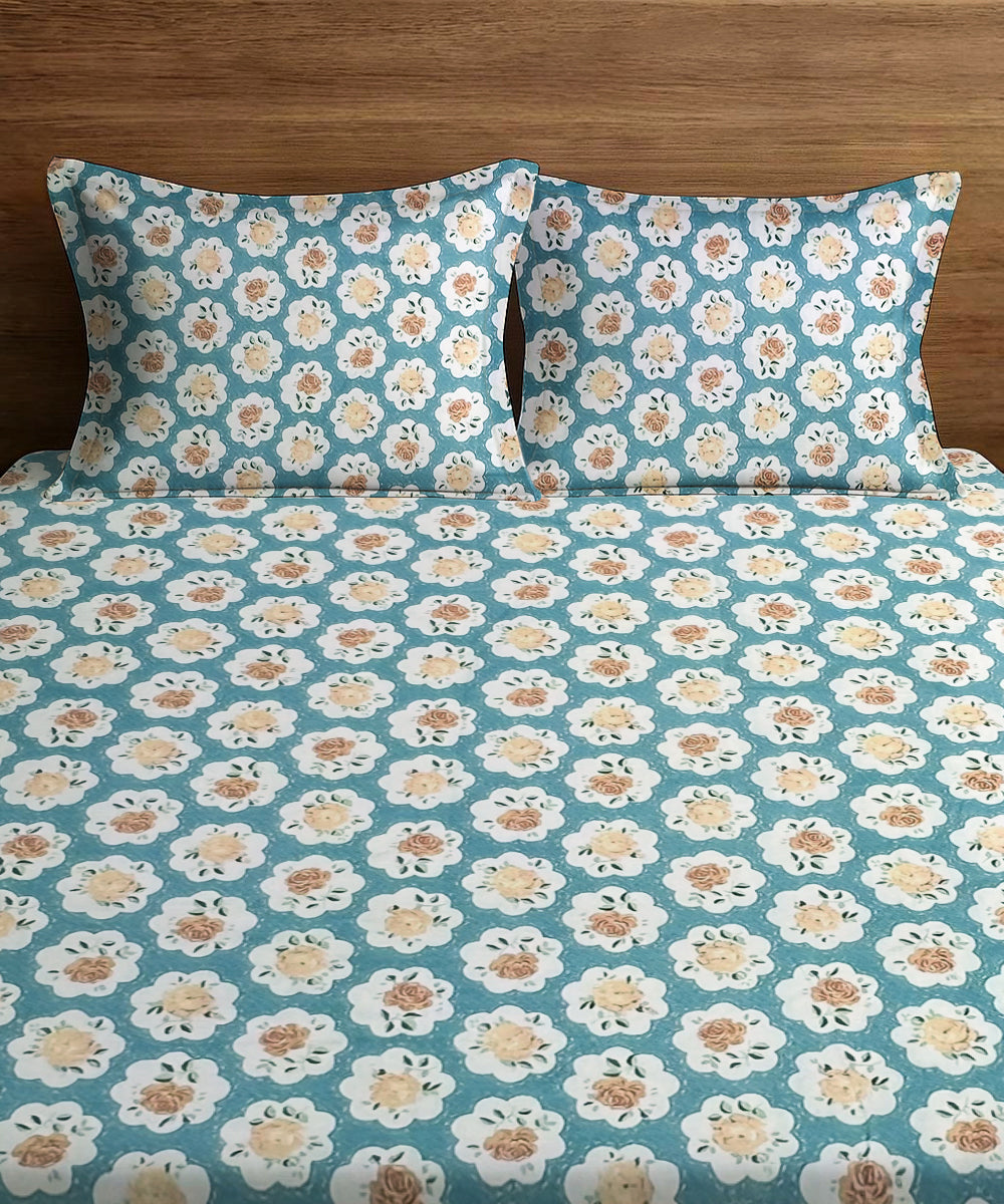 Teal Garden Flat Double Bedsheet With 2 Pillow Covers
