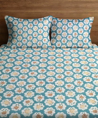 Teal Garden Flat Double Bedsheet With 2 Pillow Covers