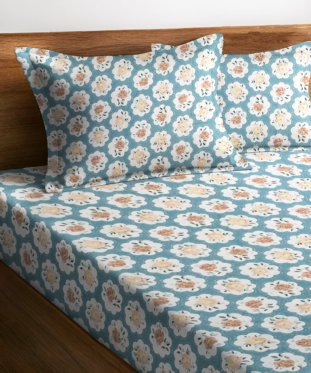Teal Garden Flat Double Bedsheet With 2 Pillow Covers