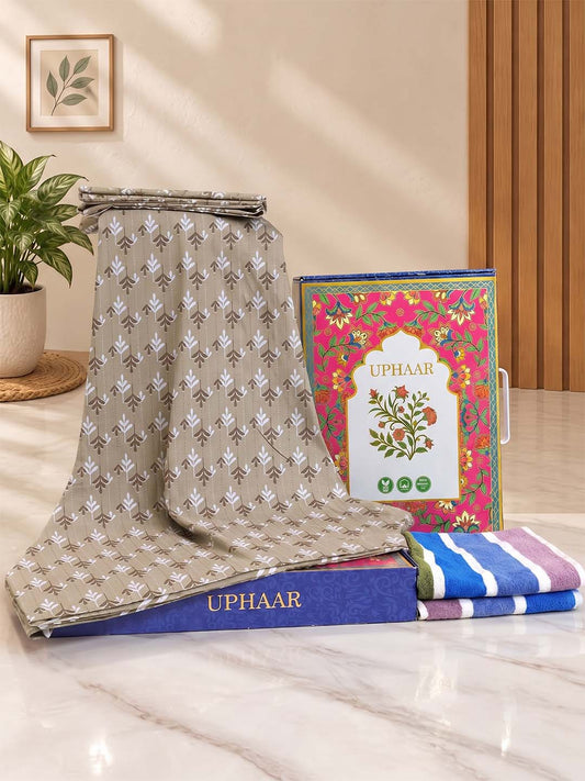 UPHAAR Pure Cotton Home Comfort Combo Set | Leaf King Size Bedsheet with 2 Soft Hand Towels
