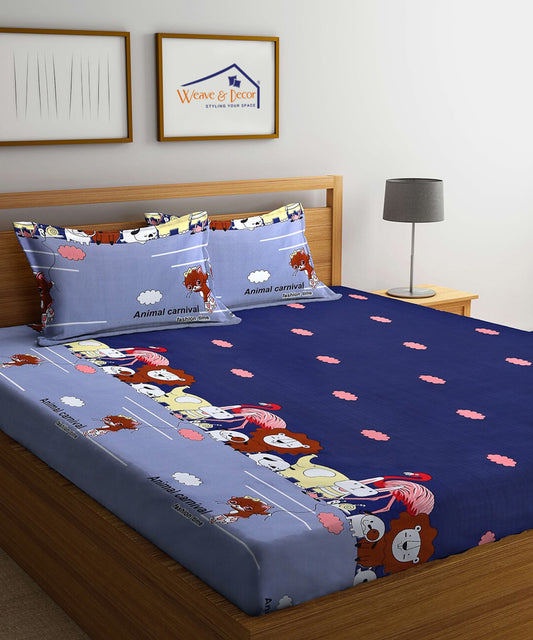 Animal Cartoon Queen Fitted Bedsheet With 2 Pillow Covers