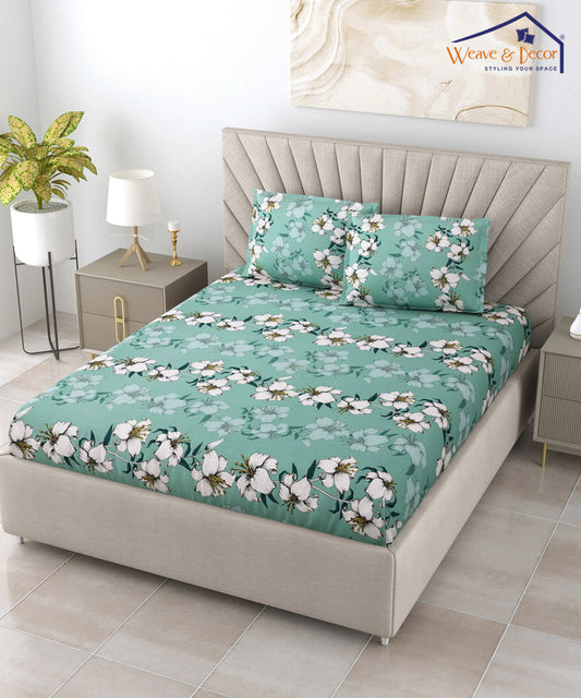 Green Floral Fitted Bedsheet With Pillow Cover