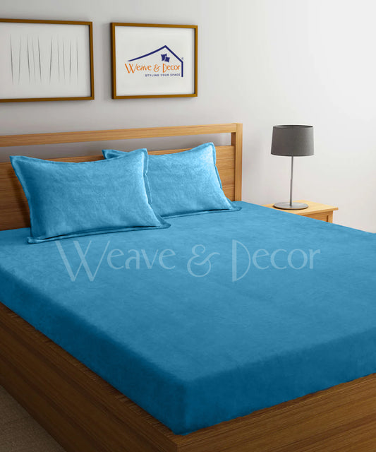 Blue Warm Solid Flannel Double Bedsheet with 2 Pillow Cover