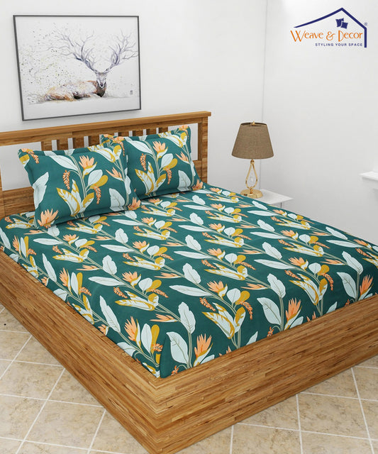 Dark Green Floral King Size Bedsheet with 2 Pillow Covers