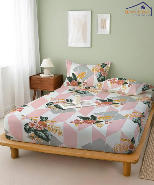 Geo Bloom Queen Fitted Bedsheet With 2 Pillow Covers