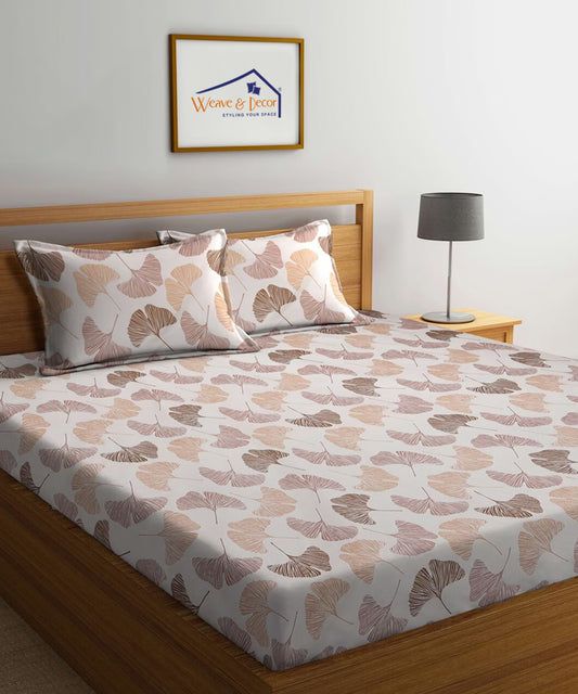 Off White Leaves Fitted Bedsheet With Pillow Cover