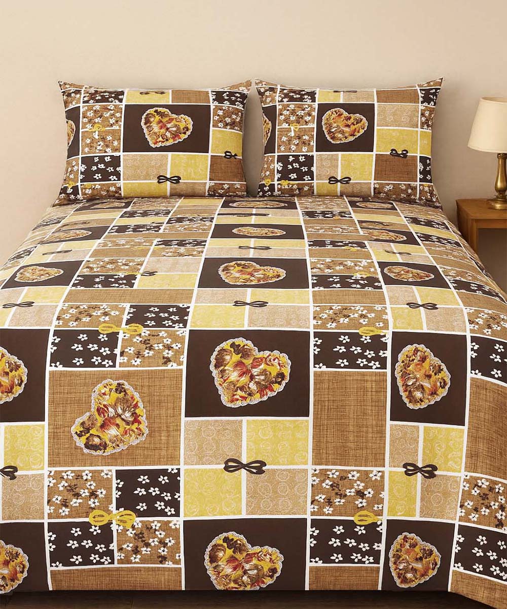 Golden Heart Harmony – 200 GSM Pure Cotton Double Bedsheet With Pillow Covers |90x100 inches