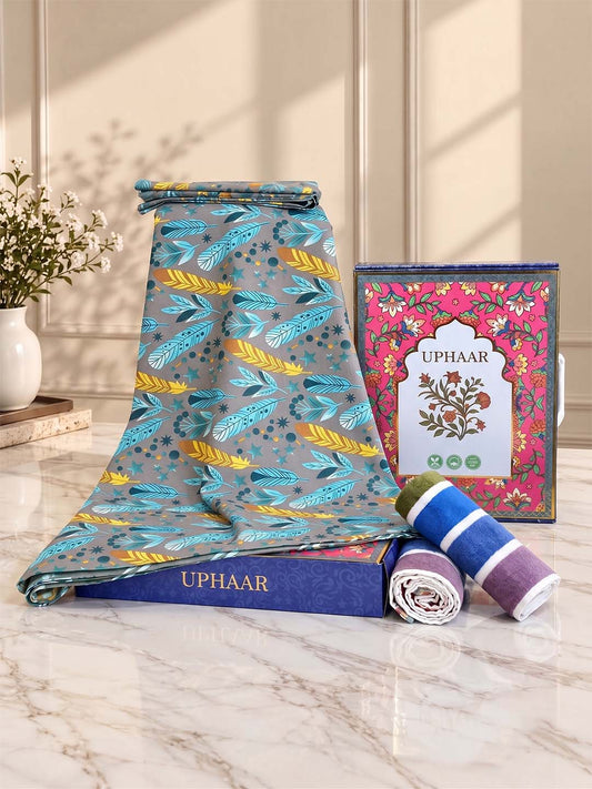 UPHAAR Pure Cotton Home Comfort Combo Set | Feather Print King Size Bedsheet with 2 Soft Hand Towels