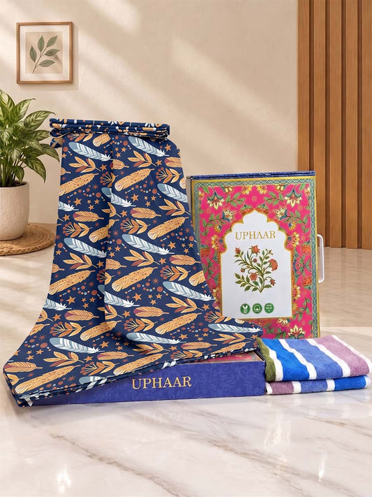 UPHAAR Pure Cotton Home Comfort Combo Set | Feather Print King Size Bedsheet with 2 Soft Hand Towels