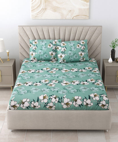 Green Floral King Size Bedsheet With 2 Pillow Cover