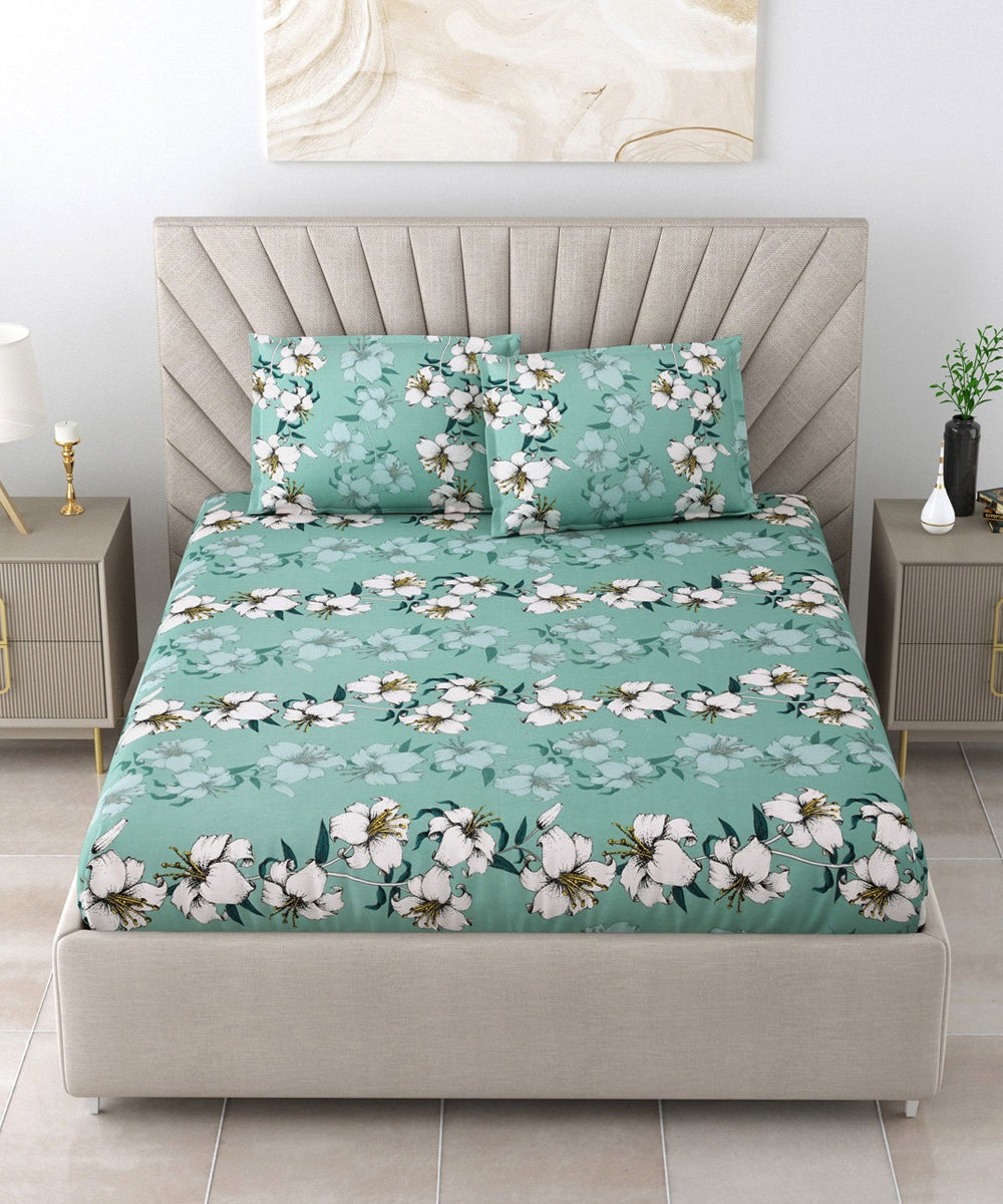 Green Floral Fitted Bedsheet With Pillow Cover