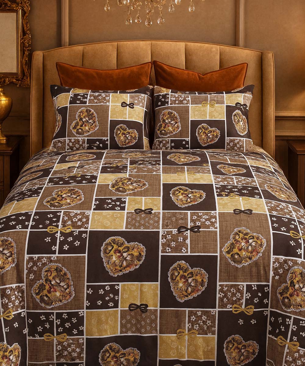 Golden Heart Harmony – 200 GSM Pure Cotton Double Bedsheet With Pillow Covers |90x100 inches