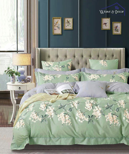 Green Floral Fitted Bedsheet With Pillow Cover