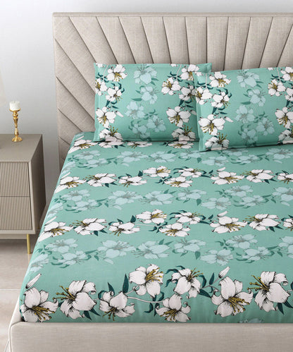 Green Floral Fitted Bedsheet With Pillow Cover