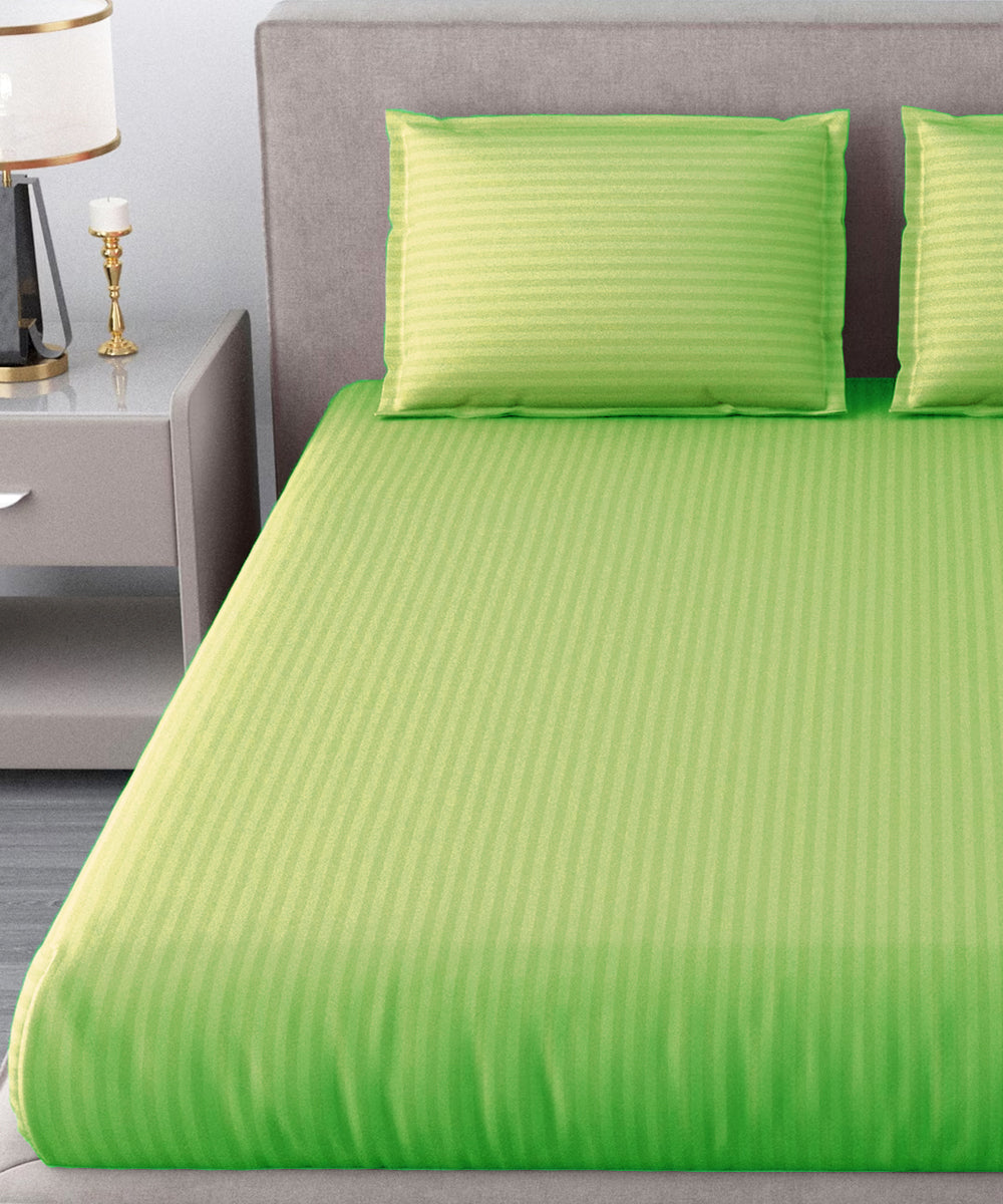 Green Satin Stripe Flat Double Bedsheet With 2 Pillow Covers