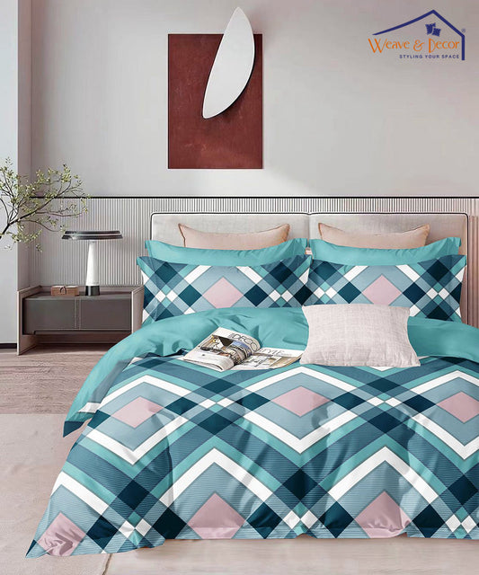 Aqua Geometric Fitted Bedsheet With Pillow Cover