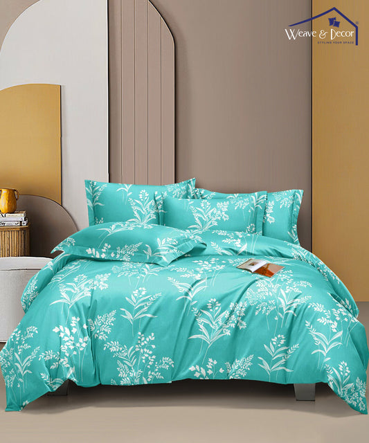 Turquoise Floral Queen Fitted Bedsheet With 2 Pillow Covers