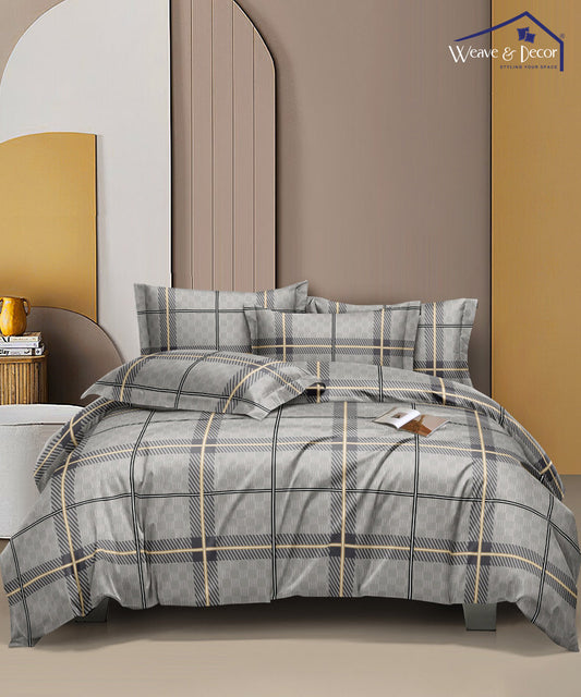 Grey Checks Queen Fitted Bedsheet With 2 Pillow Covers