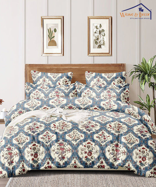 Blue Ethnic Fitted Bedsheet With Pillow Cover