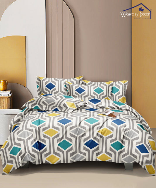 Multicolor Pattern Queen Fitted Bedsheet With 2 Pillow Covers