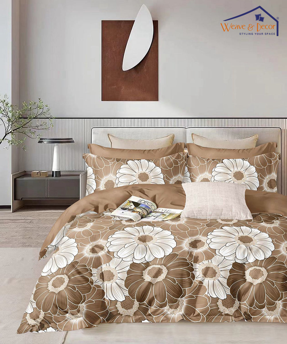 Brown Floral Flat Double Bedsheet With 2 Pillow Covers