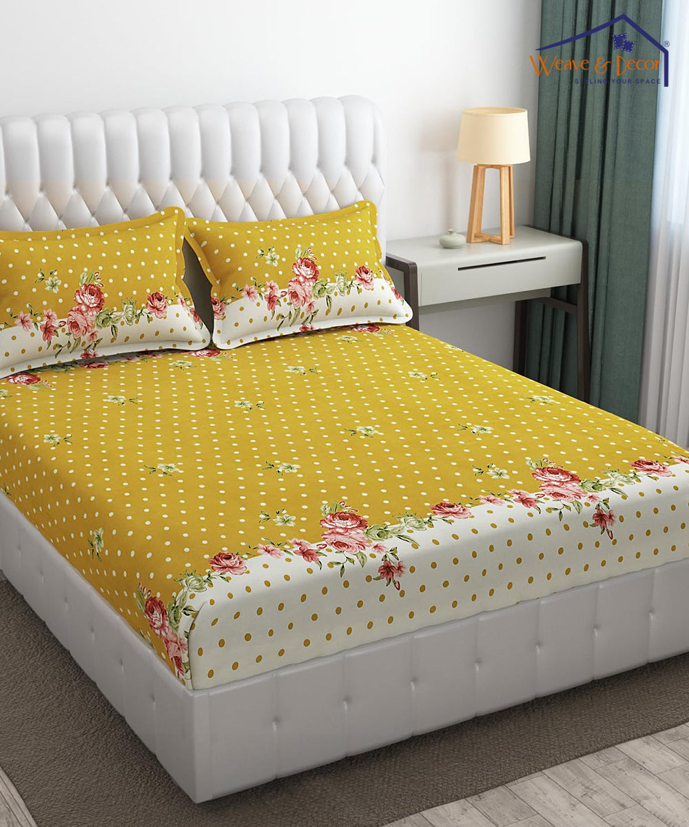 Mustard Floral Flat Double Bedsheet With 2 Pillow Covers