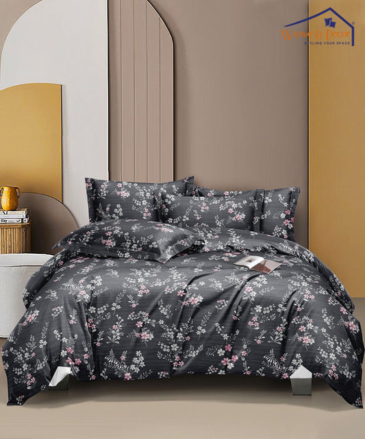 Charcoal Blossom Flat Double Bedsheet With 2 Pillow Covers