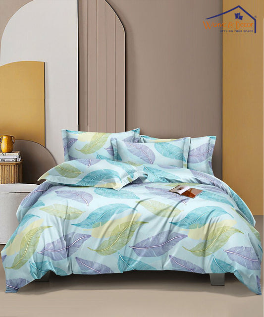 Pale Turquoise Leafy Pattern Flat Double Bedsheet With 2 Pillow Covers