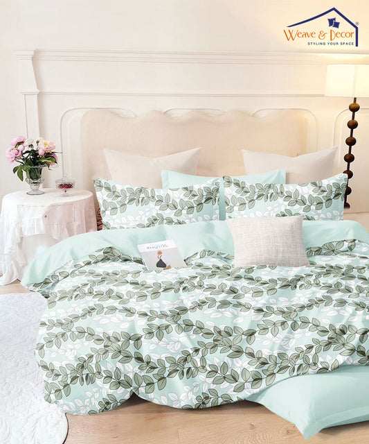 Ice Blue Leafy Pattern Flat Double Bedsheet With 2 Pillow Covers