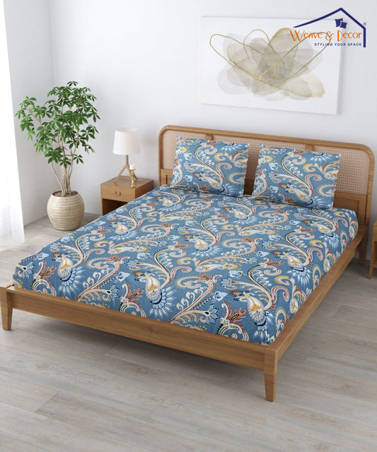 Blue Blossom Fitted Bedsheet With Pillow Cover