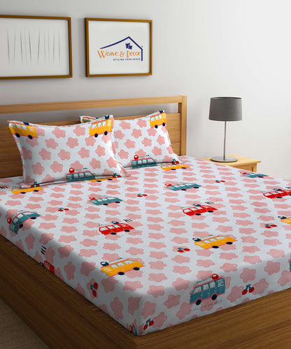 Red Bus Fitted Bedsheet With Pillow Cover