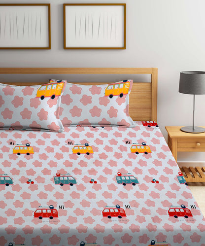 Red Bus Fitted Bedsheet With Pillow Cover