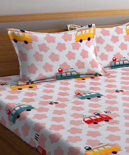 Red Bus Fitted Bedsheet With Pillow Cover