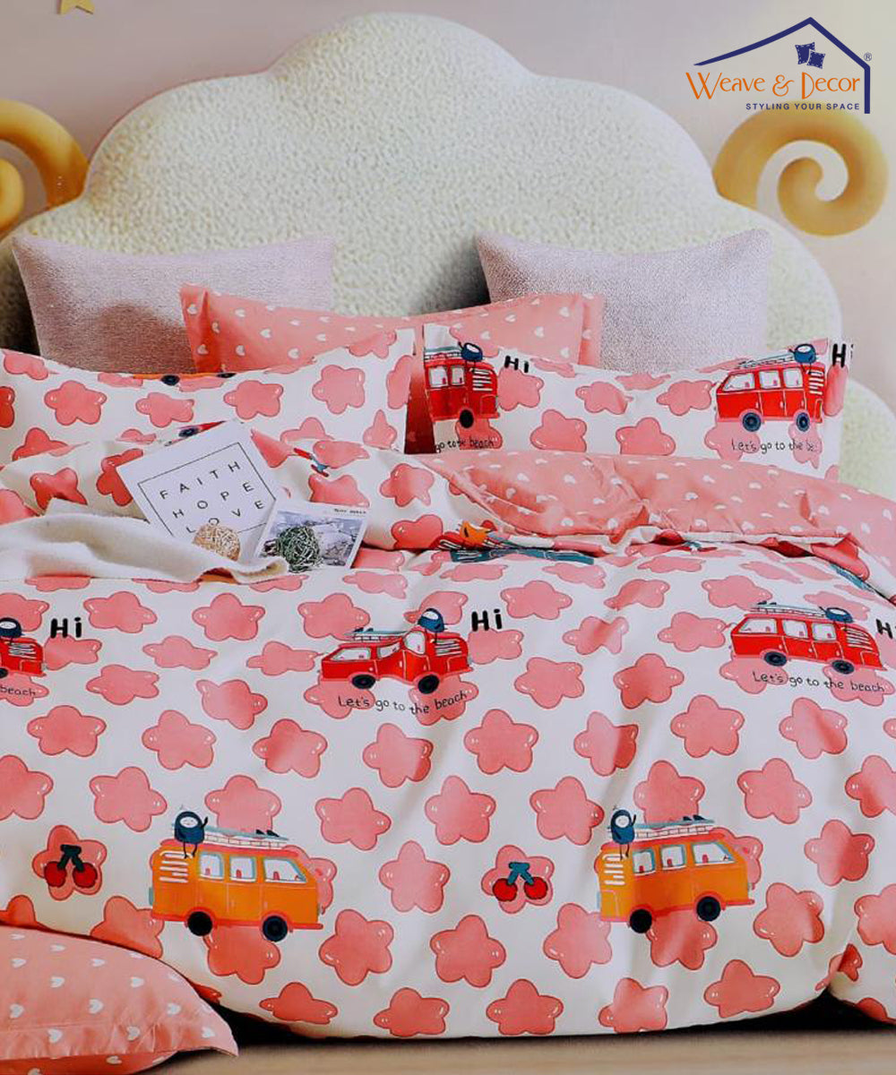 Red Bus Double Bedsheet With 2 Pillow Cover