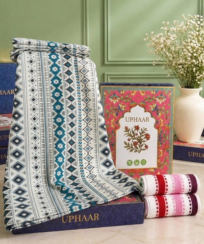 UPHAAR Pure Cotton Home Comfort Combo Set | Tribal Geometric King Size Bedsheet with 2 Soft Hand Towels
