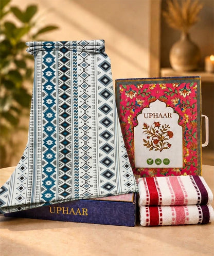 UPHAAR Pure Cotton Home Comfort Combo Set | Tribal Geometric King Size Bedsheet with 2 Soft Hand Towels