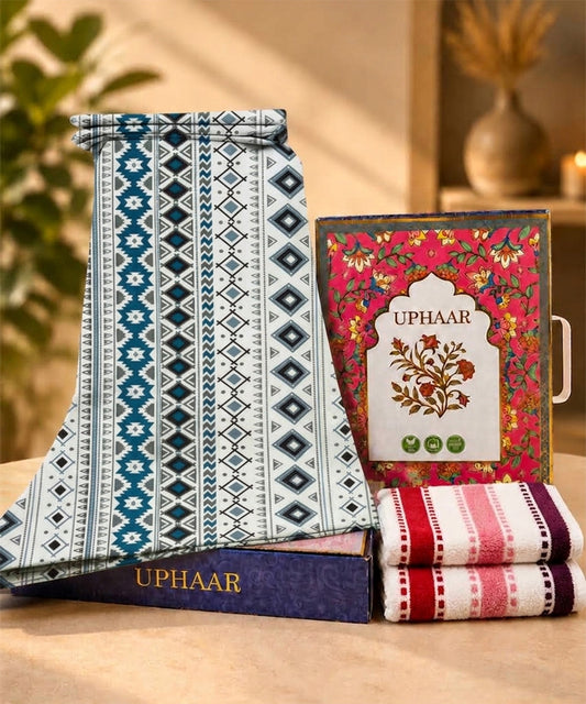 UPHAAR Pure Cotton Home Comfort Combo Set | Tribal Geometric King Size Bedsheet with 2 Soft Hand Towels