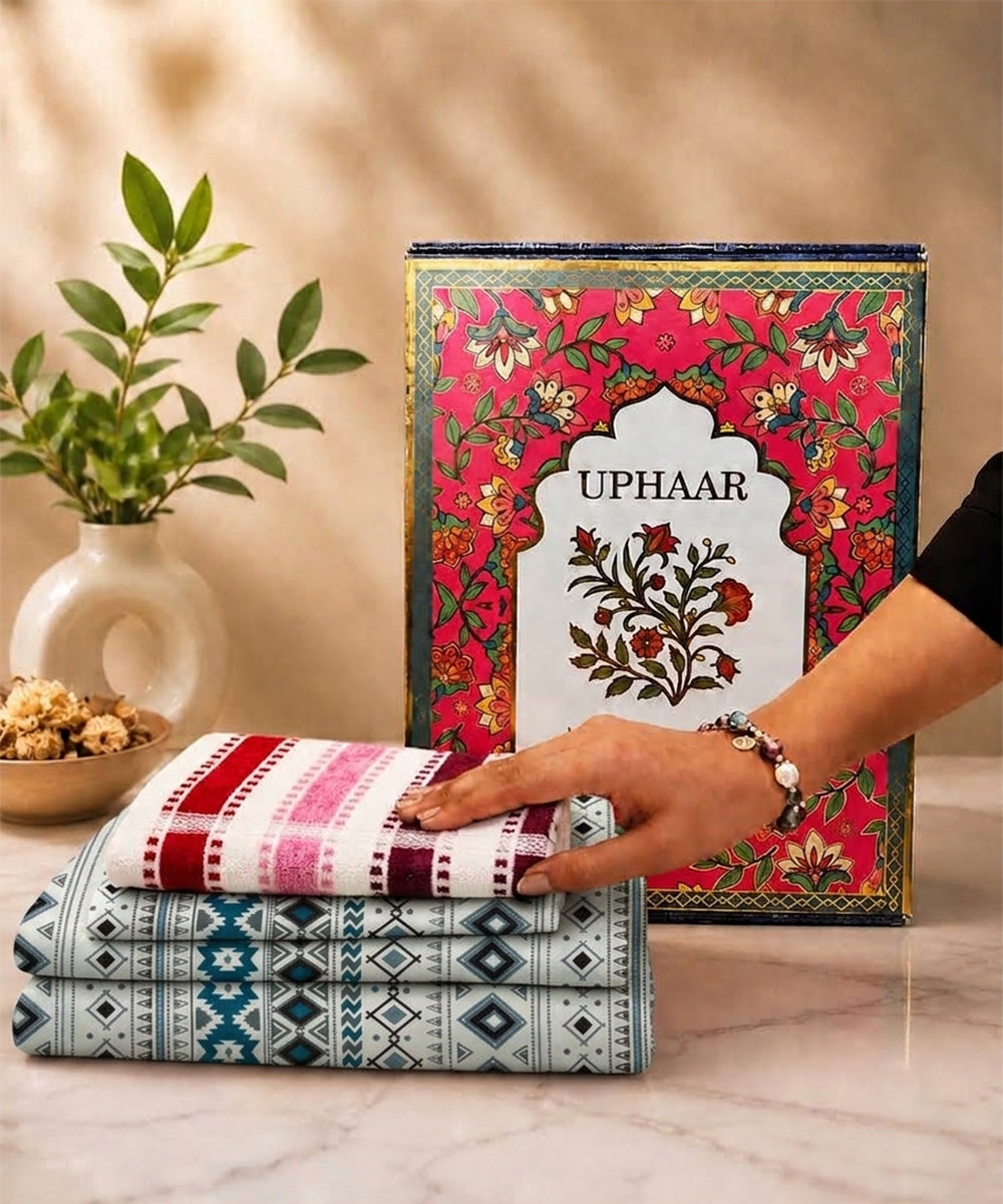 UPHAAR Pure Cotton Home Comfort Combo Set | Tribal Geometric King Size Bedsheet with 2 Soft Hand Towels