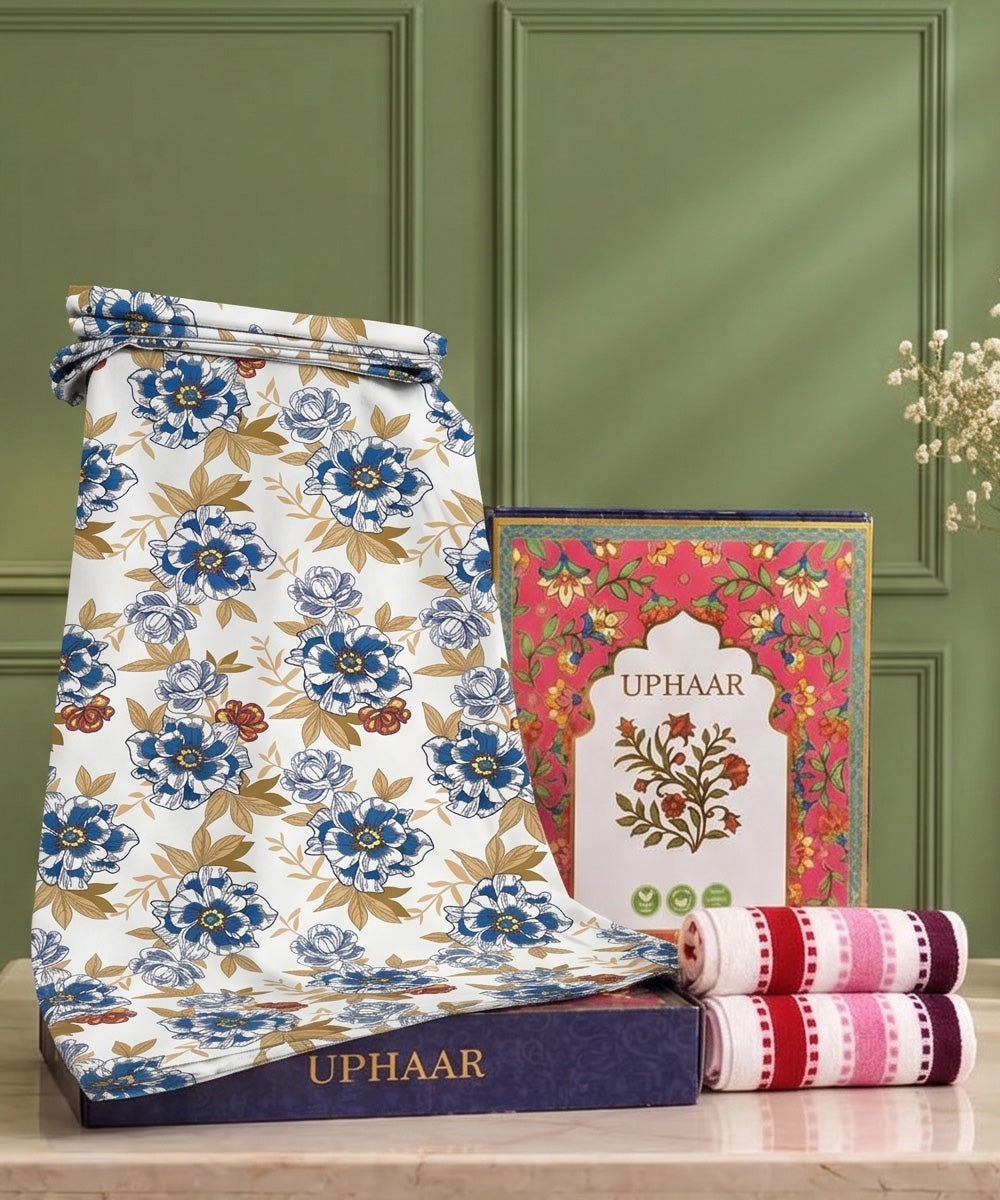 UPHAAR Pure Cotton Home Comfort Combo Set | Floral King Size Bedsheet with 2 Soft Hand Towels
