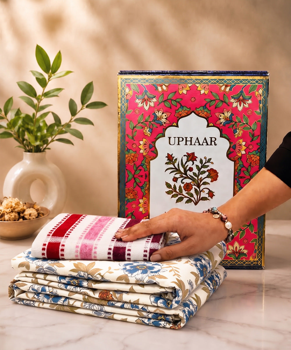 UPHAAR Pure Cotton Home Comfort Combo Set | Floral King Size Bedsheet with 2 Soft Hand Towels