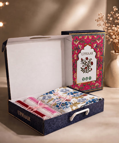 UPHAAR Pure Cotton Home Comfort Combo Set | Floral King Size Bedsheet with 2 Soft Hand Towels
