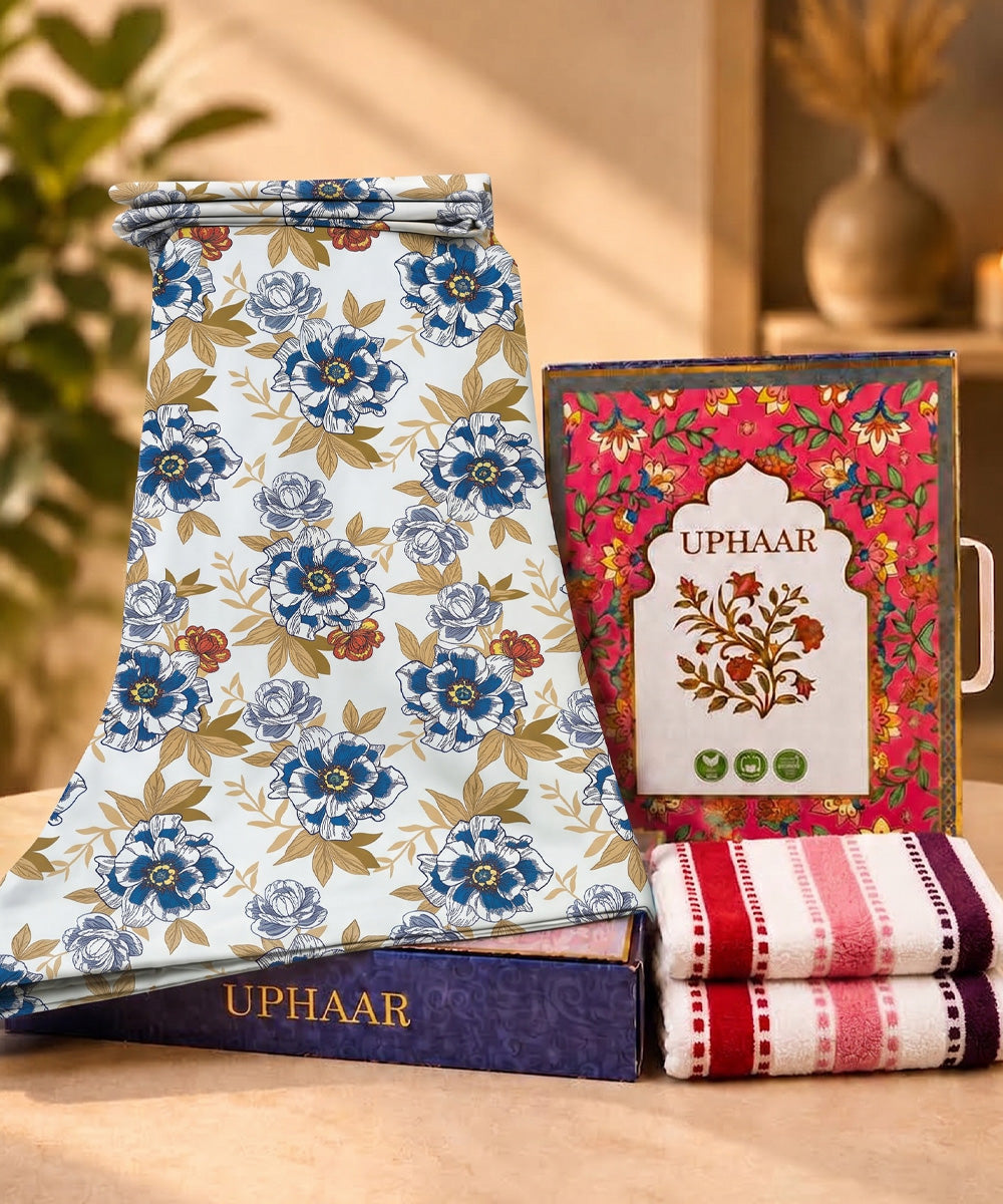UPHAAR Pure Cotton Home Comfort Combo Set | Floral King Size Bedsheet with 2 Soft Hand Towels