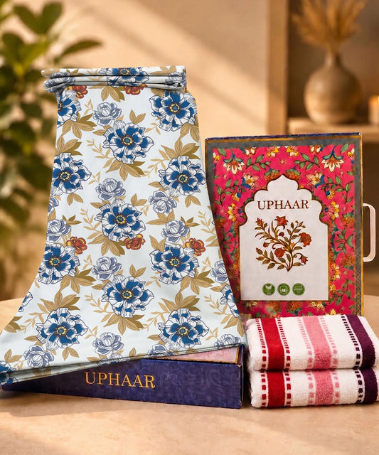 UPHAAR Pure Cotton Home Comfort Combo Set | Floral King Size Bedsheet with 2 Soft Hand Towels